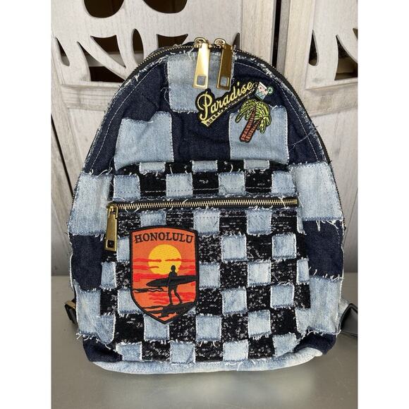 Marc Jacobs Blue Denim Biker Patchwork Shoulder Paradise Backpack Bag - Picture 1 of 10